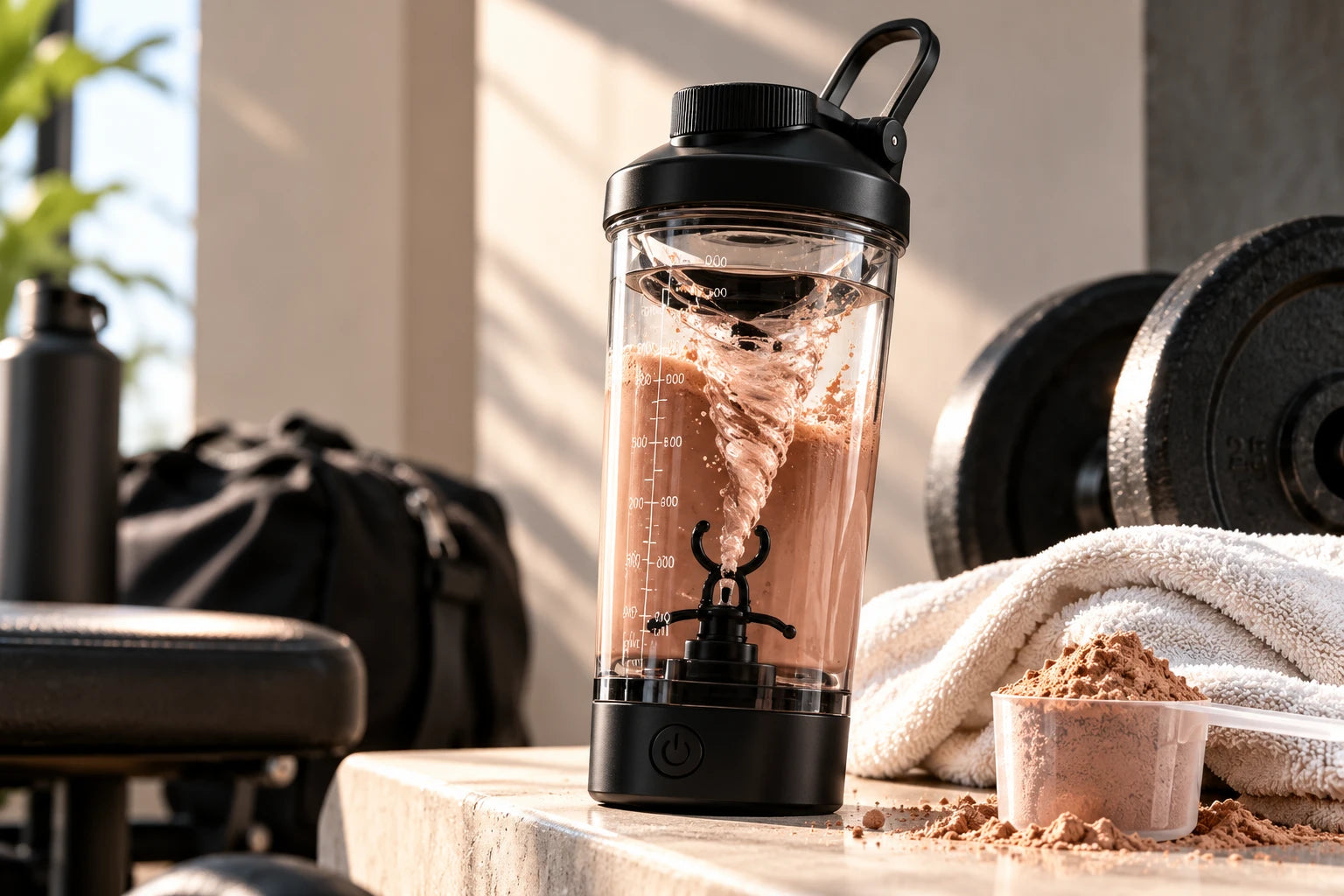 Shakely electric protein shaker mixing a chocolate protein shake at the gym